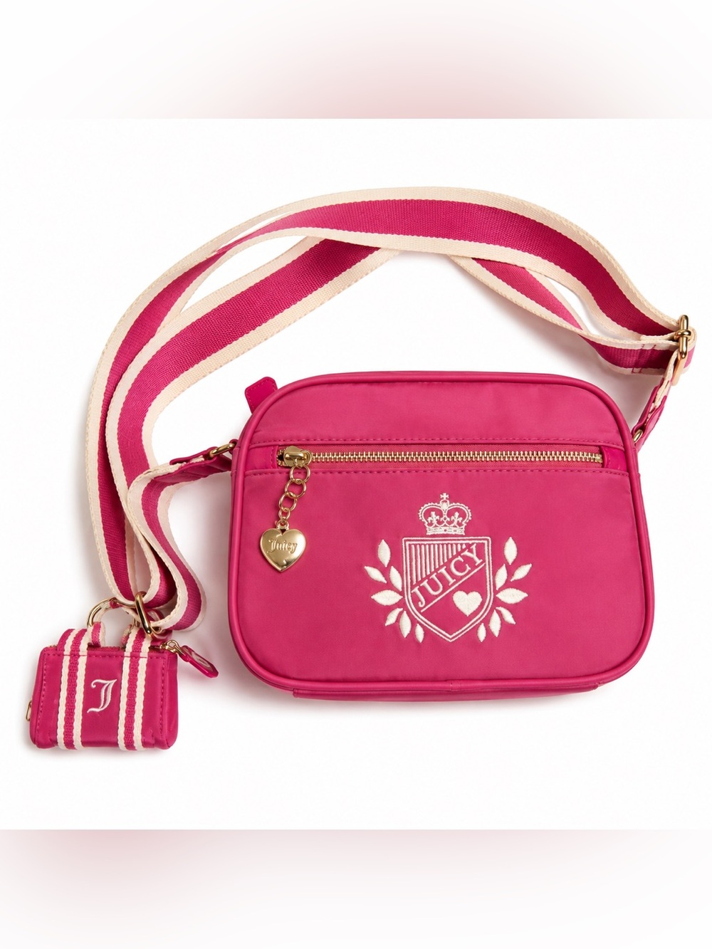 Juicy Couture Hot Pink Crossbody Camera Bag with Striped Strap